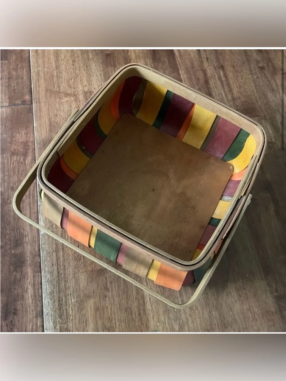 Vintage Multi-Color Wood Slat Squared Basket with Handle